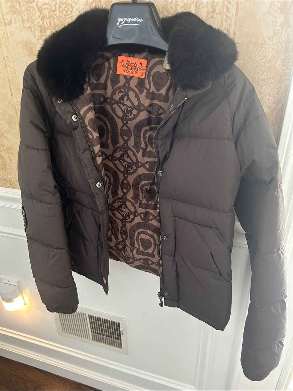 Juicy Couture Brown Down Puffer Jacket with dyed rabbit fur collar runs small